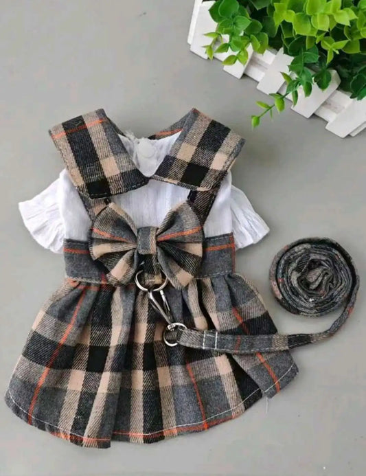 Plaid Dog Dress With Bowknot Back And Adjustable Leash