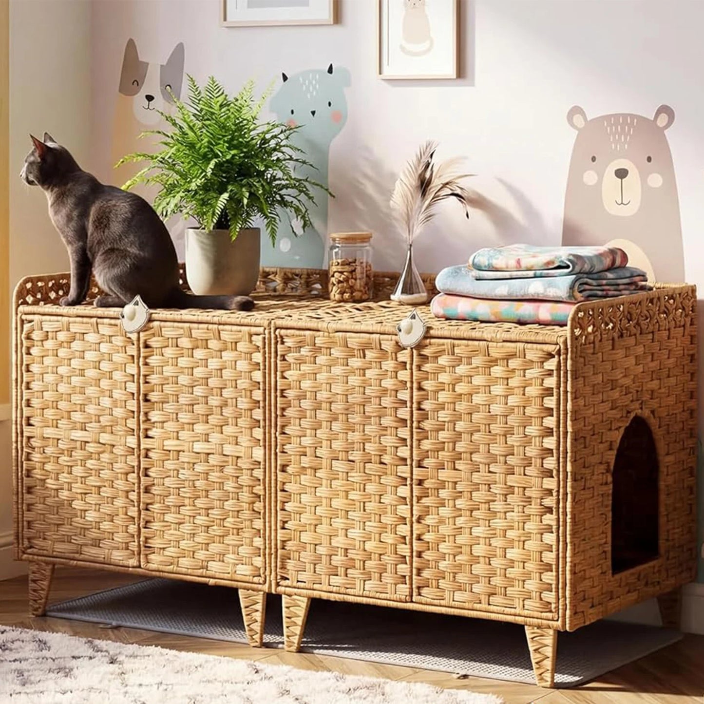 HiMISS Hidden Cat Litter Box Enclosure Handwoven Rattan Furniture