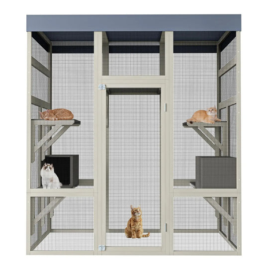 Wooden Outdoor Catio Enclosure With Waterproof Roof And Platforms