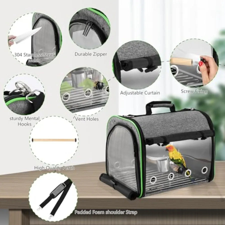 Bird Carrier Bag For Parrot Travel Cage Stainless Steel Mesh Stand