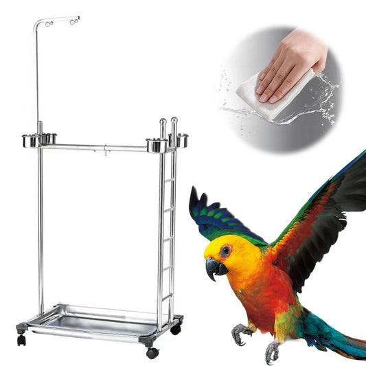 Shunmaii Metal Parrot Stand With Feeding Bowls Training Perch Wheels