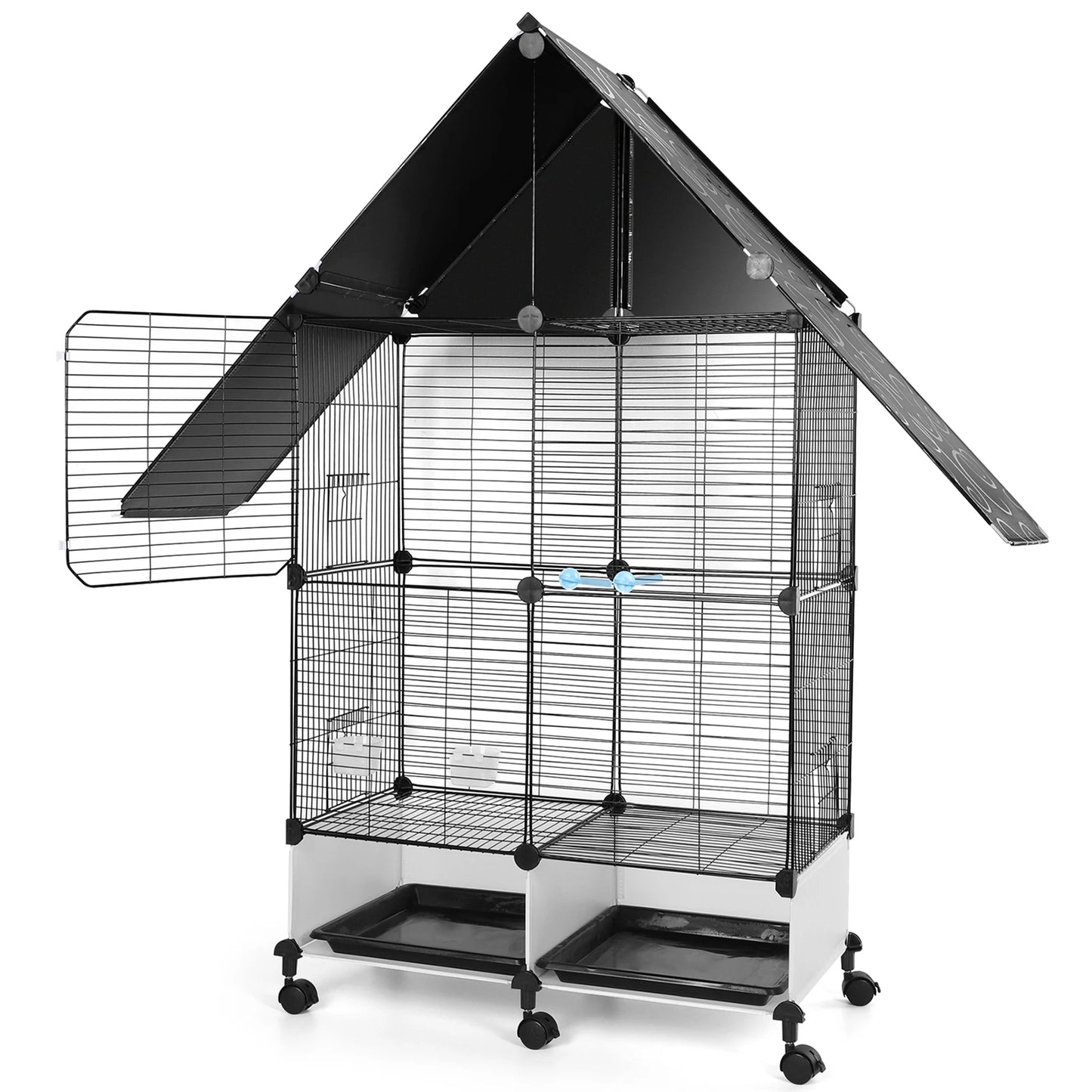 Iron 2 Tier House Shape Bird Cage With Lock Rolling Stand