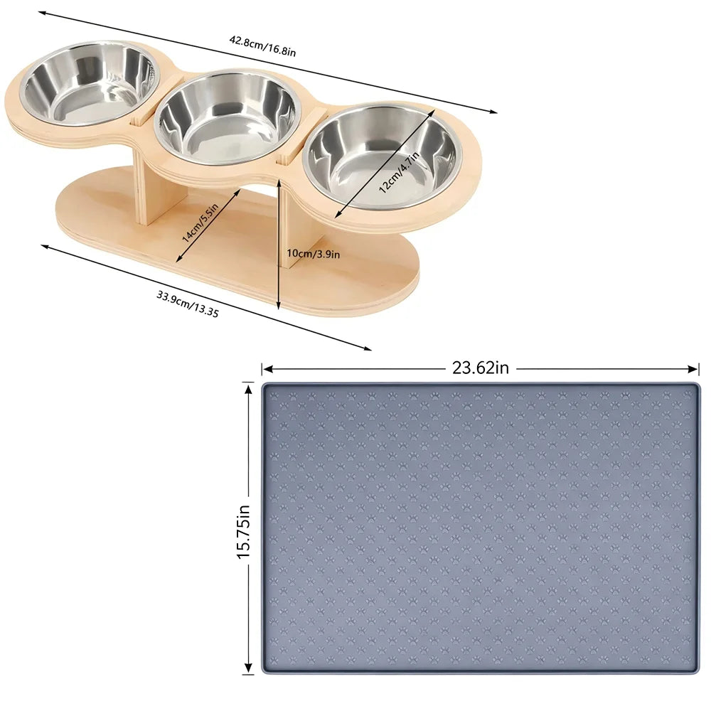 Cat Raised Feeder With Tilted Wood Stand Three Bowls