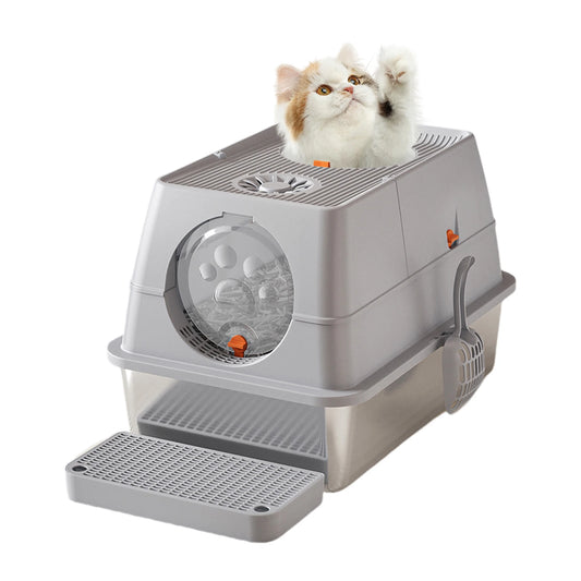 Feature Stainless Steel Cat Litter Box With High Sided Enclosure And Lid Front And Top Door