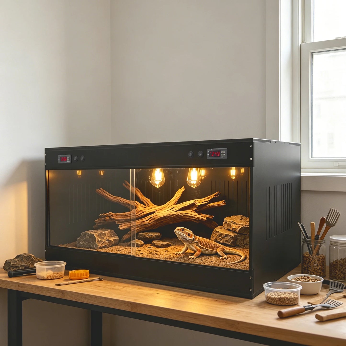 Reptile Tank Terrarium With Viewing Window And Dual Temperature Controllers