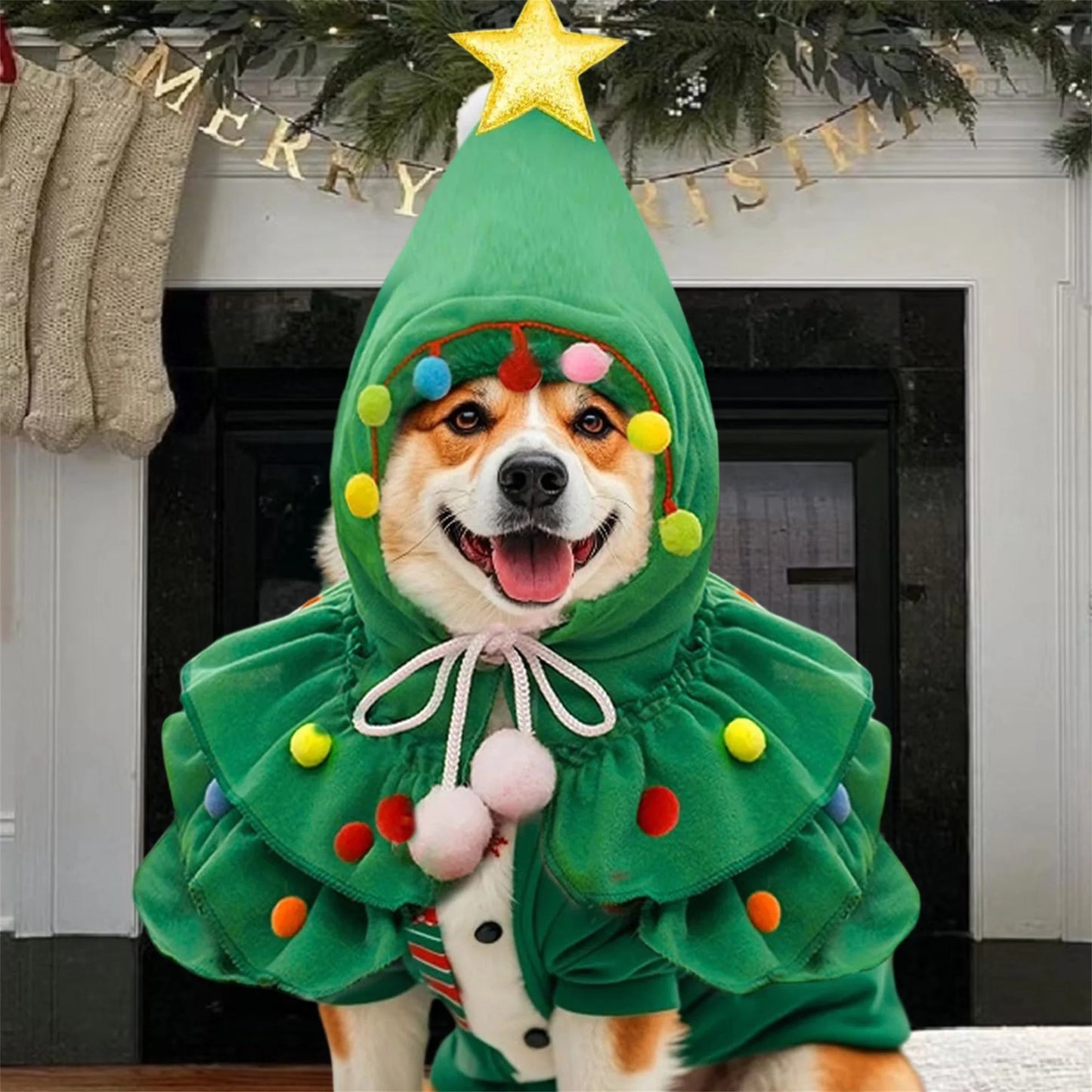 Christmas Evergreen Themed Pet Costume Cape With Extravagant Headpiece Adornments