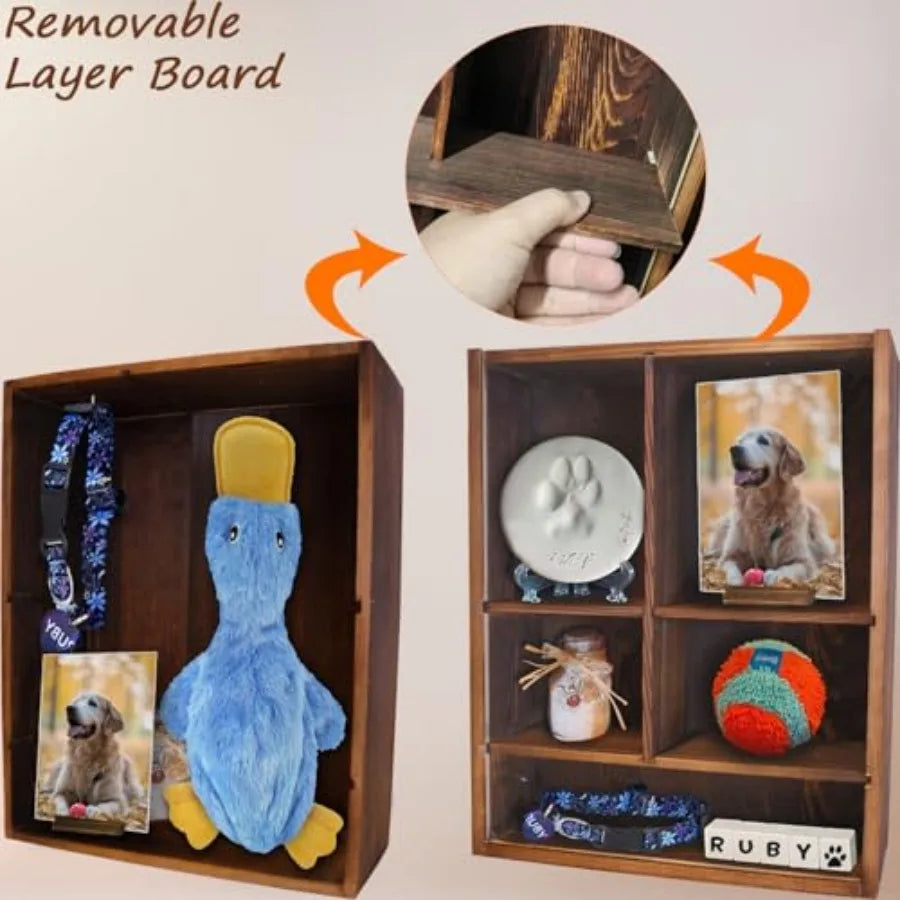 Solid Wood Pet Memorial Shadow Box Frame With Adjustable Shelves