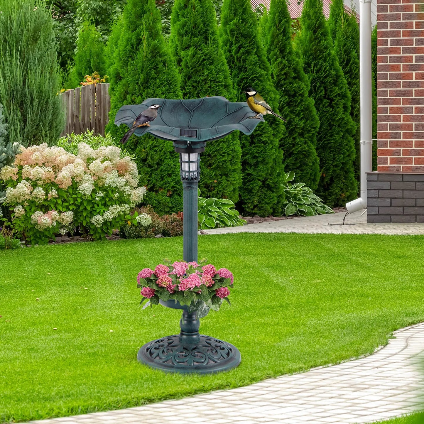 Solar Bird Bath Pedestal With Lotus Leaf Bowl And Feeder