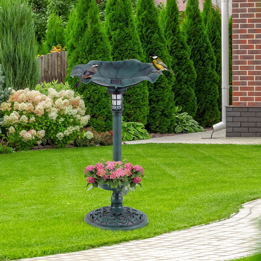 Solar Bird Bath Pedestal With Lotus Leaf Bowl And Feeder
