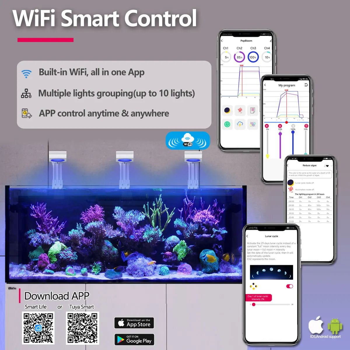 PopBloom WiFi Aquarium LED Light Full Spectrum Reef Tank