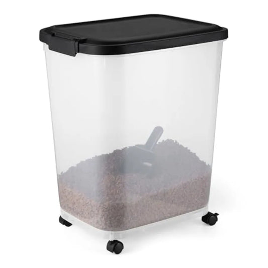 Pet Food Storage Container With Rolling Wheels And Detachable Scoop
